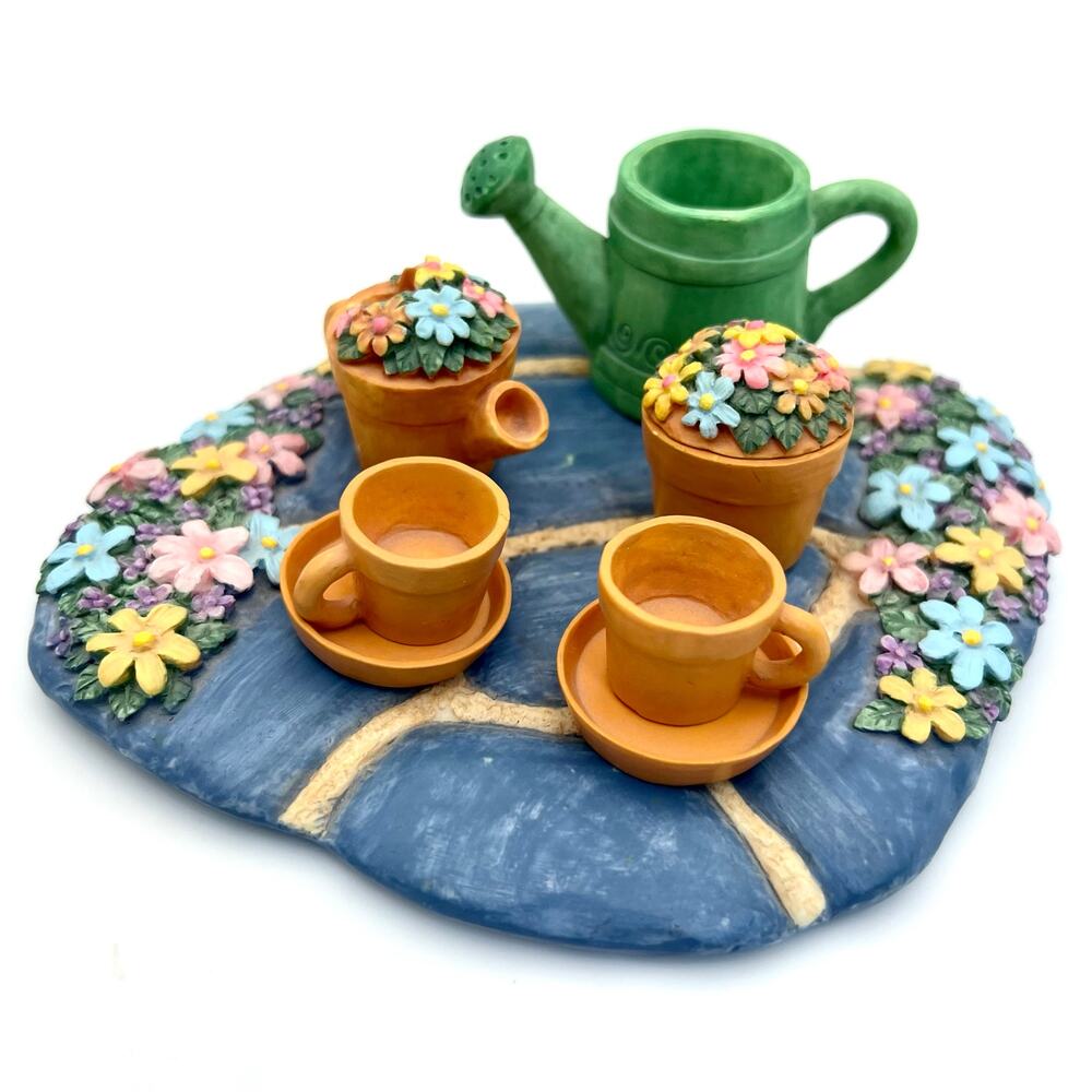 Vintage Miniature Garden Tea Set Floral Watering Can Resin 8 Piece Display Tray